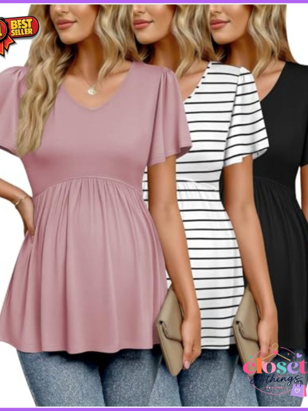 Maternity Shirts 3 Pack Summer Pregnancy V-Neck Short Sleeve Tops Work Lounge